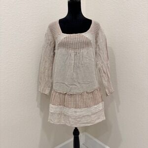 NEW‎ Marilu Sand Tan Babydoll Long Sleeve Mini Dress 100% Linen Italy Boho M
